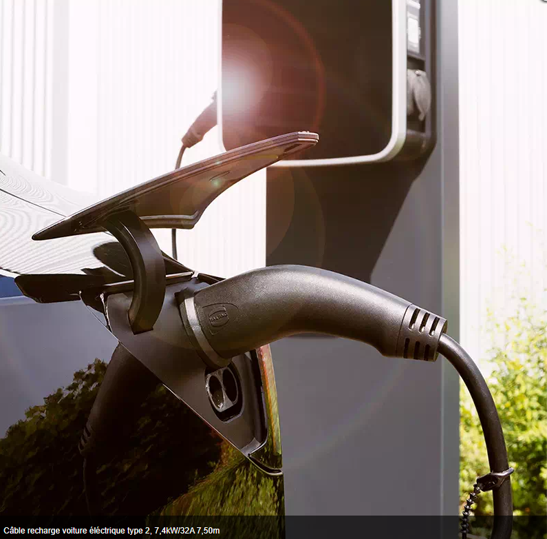 Câble recharge voiture éléctrique type 2, 7,4kW/32A 7,50m