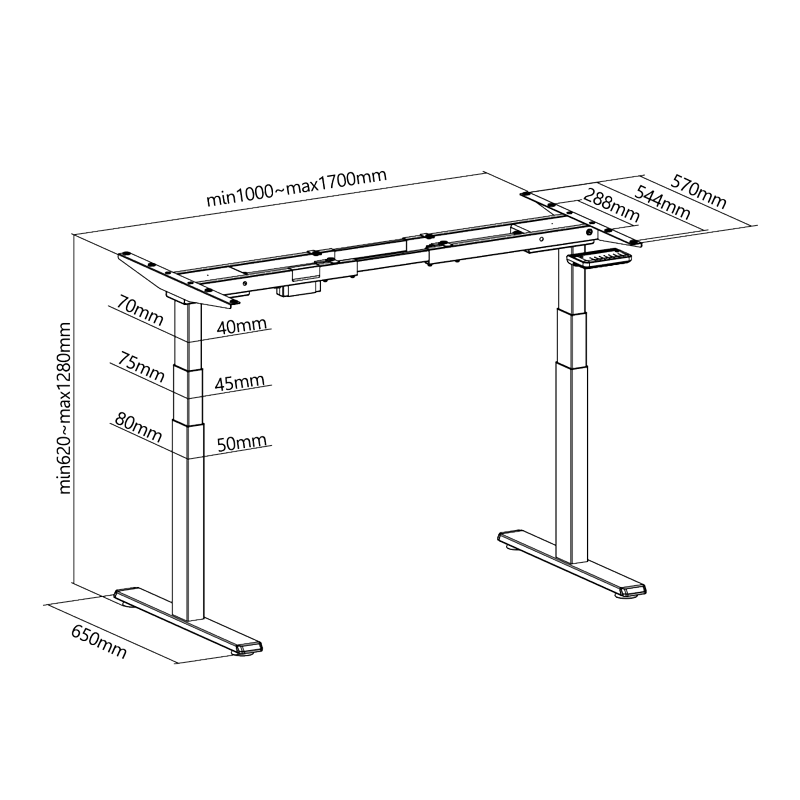Pied de bureau réglable électriquement, pieds télescopiques triples, 2 moteurs, gris 